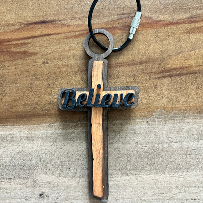 Cute Christian Keychain Believe Keychain for Men or Women Laser Engraved Wooden Keychain