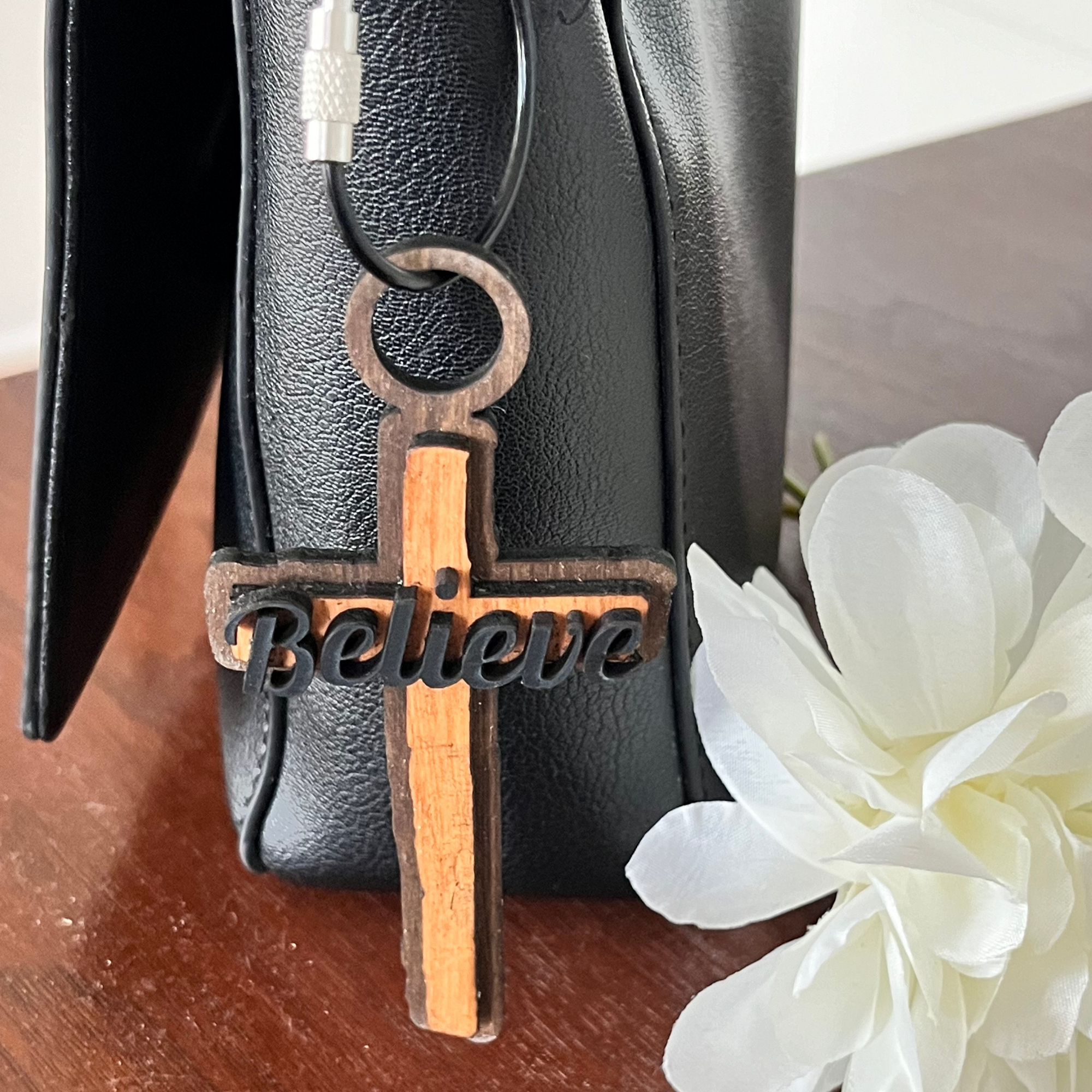 Cute Christian Keychain Believe Keychain for Men or Women Laser Engraved Wooden Keychain