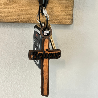 Cute Christian Keychain Believe Keychain for Men or Women Laser Engraved Wooden Keychain