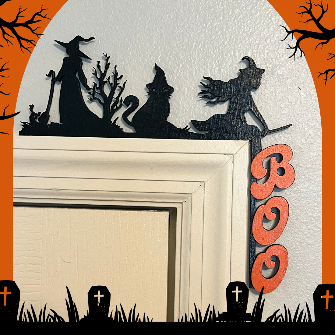 Halloween Door Decoration with black Witch and black cat base and orange &quot;Boo&quot; layered text, placed above the door as an accent piece.