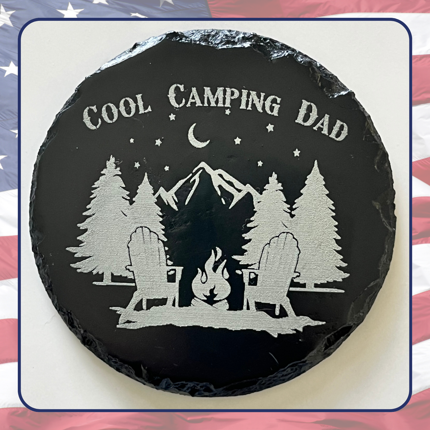 Coasters Slate Engraved Gift for Camper - imaging showing a close up of the engraved image.