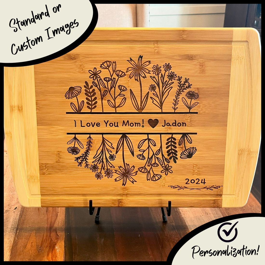 Large Laser Engraved Wooden Bamboo Cutting Board Product Photo Close Up offering standard and custom personalization options.