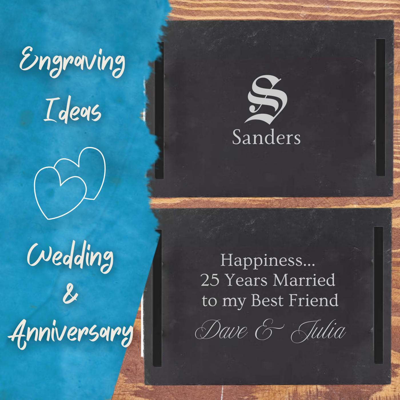 Engraving ideas for the personalized charcuterie board. Examples include a monogram letter S with last name of Sanders.  Another example is an anniversary saying&quot; Happiness... 25 Years Married to my Best Friend Dave and Julia.