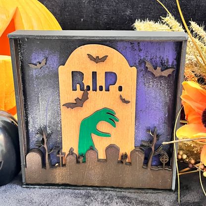 Close Up Image for Halloween Graveyard and Tombstone Layered Wood Shelf Sitter.