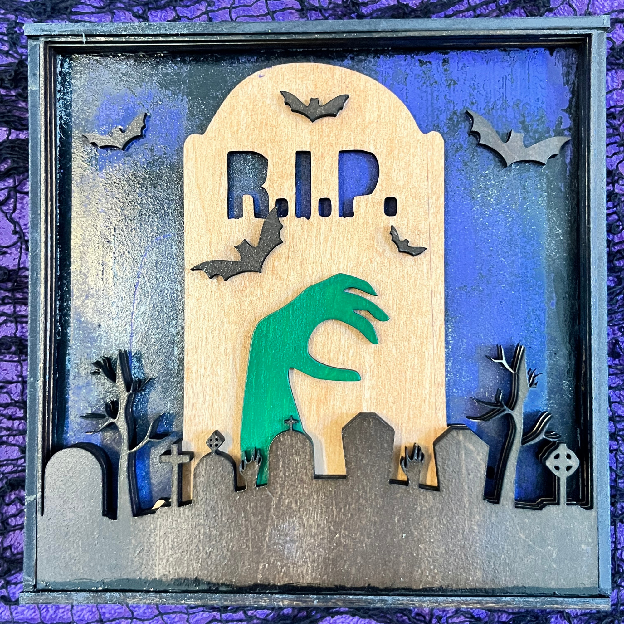 Halloween Graveyard and Tombstone Mantel Decor Close Up Image - Perfect Halloween Shelf Sitter for Fireplace Mantel, Tabletop or any shelf.