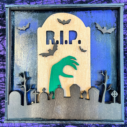 Halloween Graveyard and Tombstone Mantel Decor Close Up Image - Perfect Halloween Shelf Sitter for Fireplace Mantel, Tabletop or any shelf.