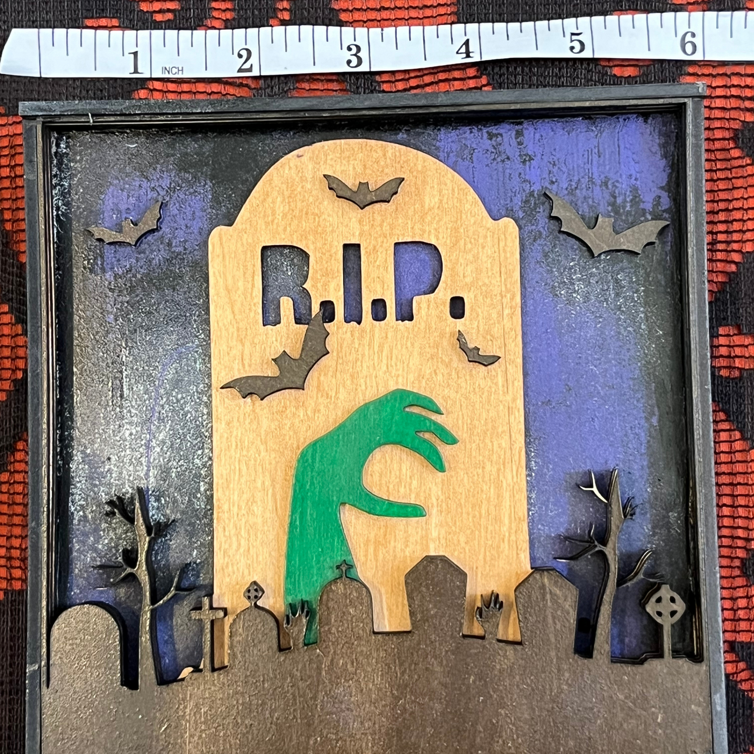 6&quot; Dimension photo for Halloween Mantel Decor with Halloween Graveyard and Tombstone Layered Wood Design.