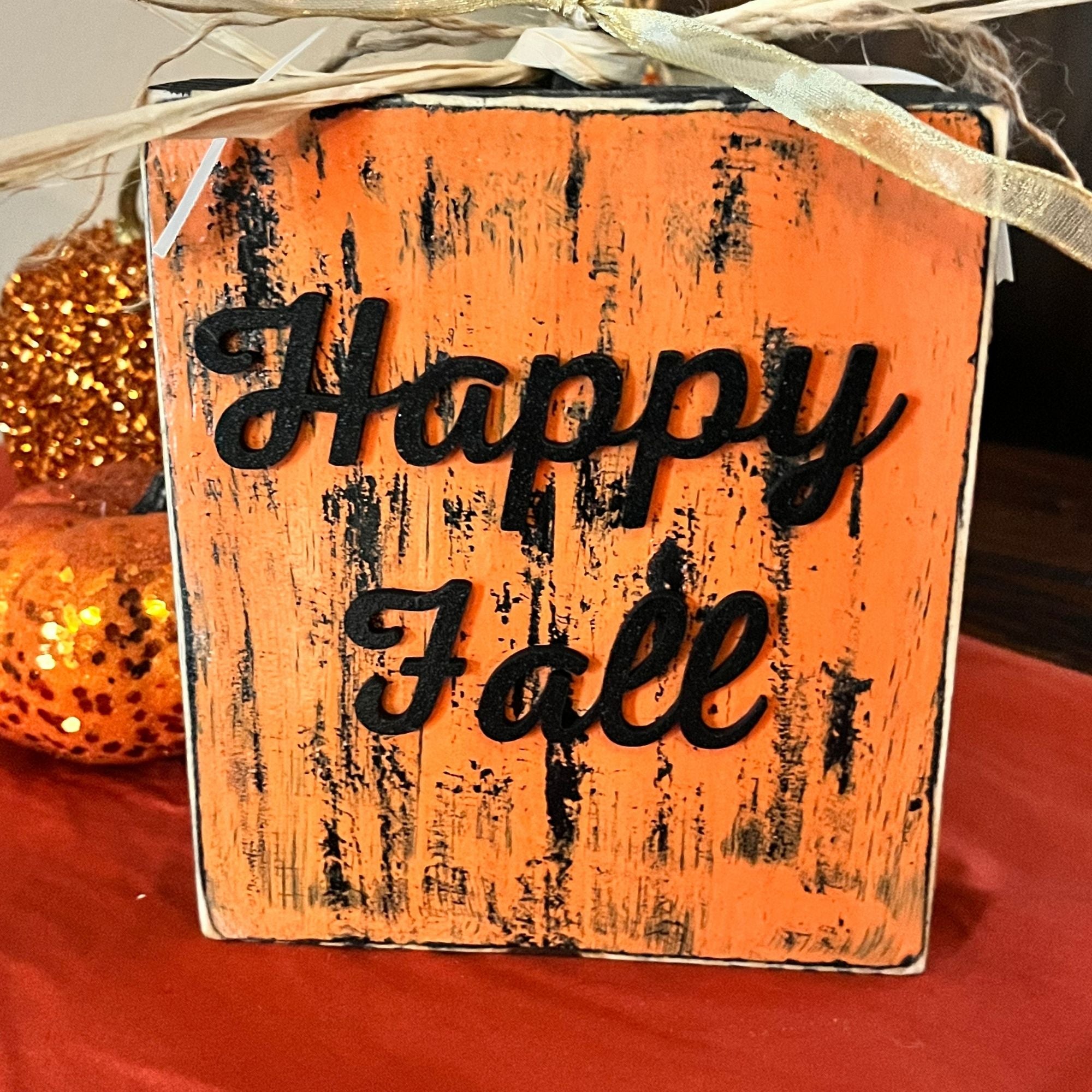 Happy Fall Pumpkin Decor close up image for decorating Mantels and Shelves