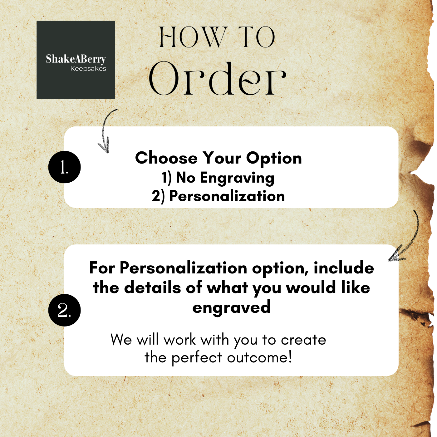 How to Order instructions for the slate serving tray with handles.  Option of No Engraving or Personalization is available. When personalization is selected, the details of the engraving is required to be provided.