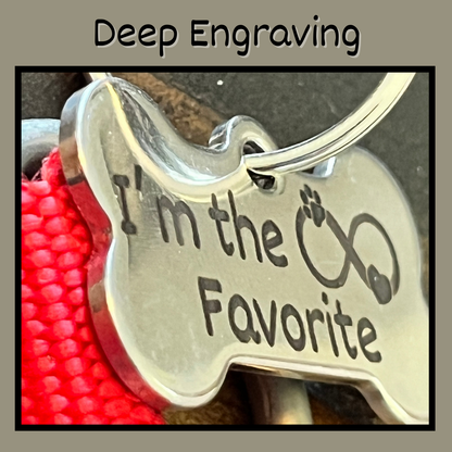 Deep engraved dog tag. Durable and personalized for lasting identification.