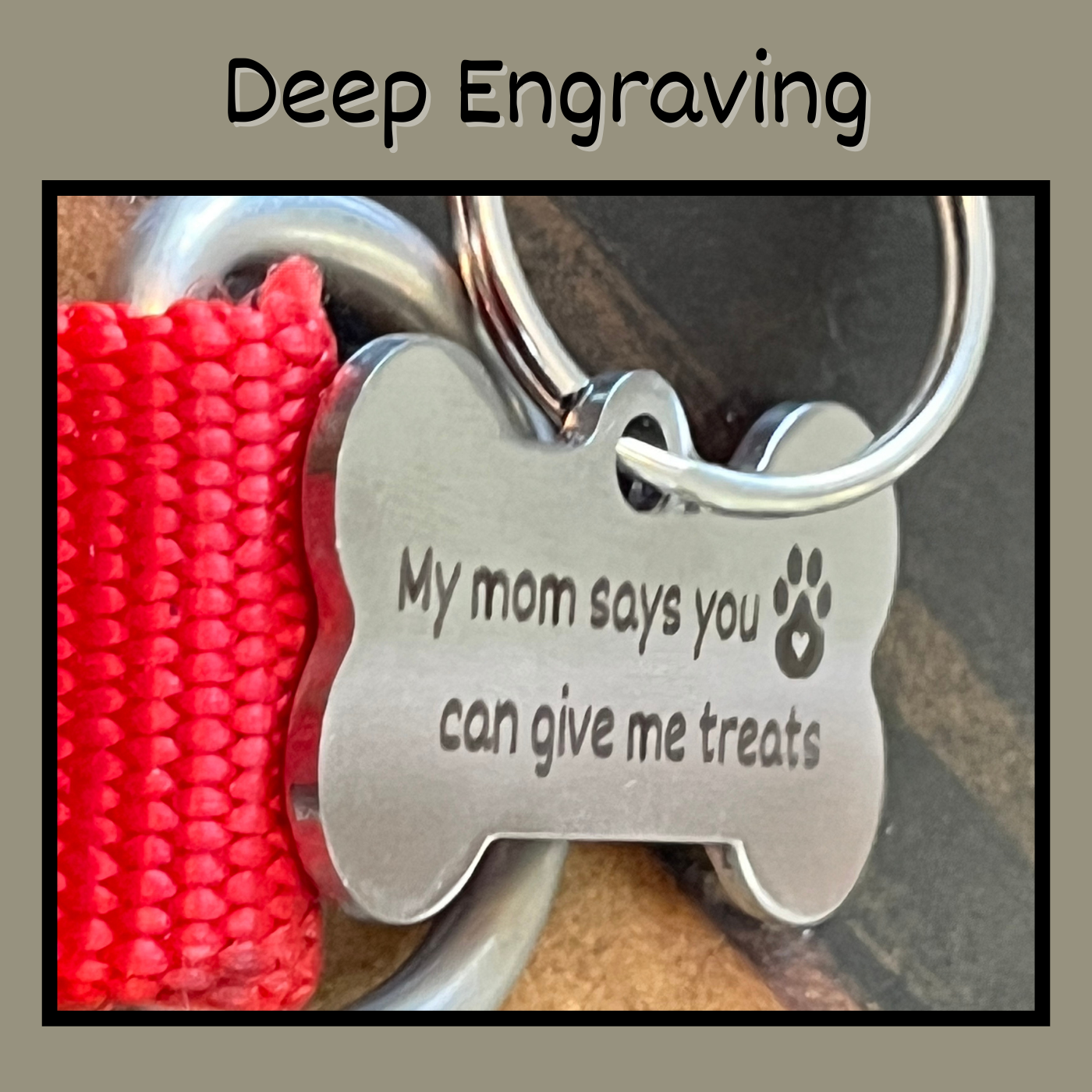 Adorable pet tag with deep engraving. Perfect for adding a cute, practical accessory.