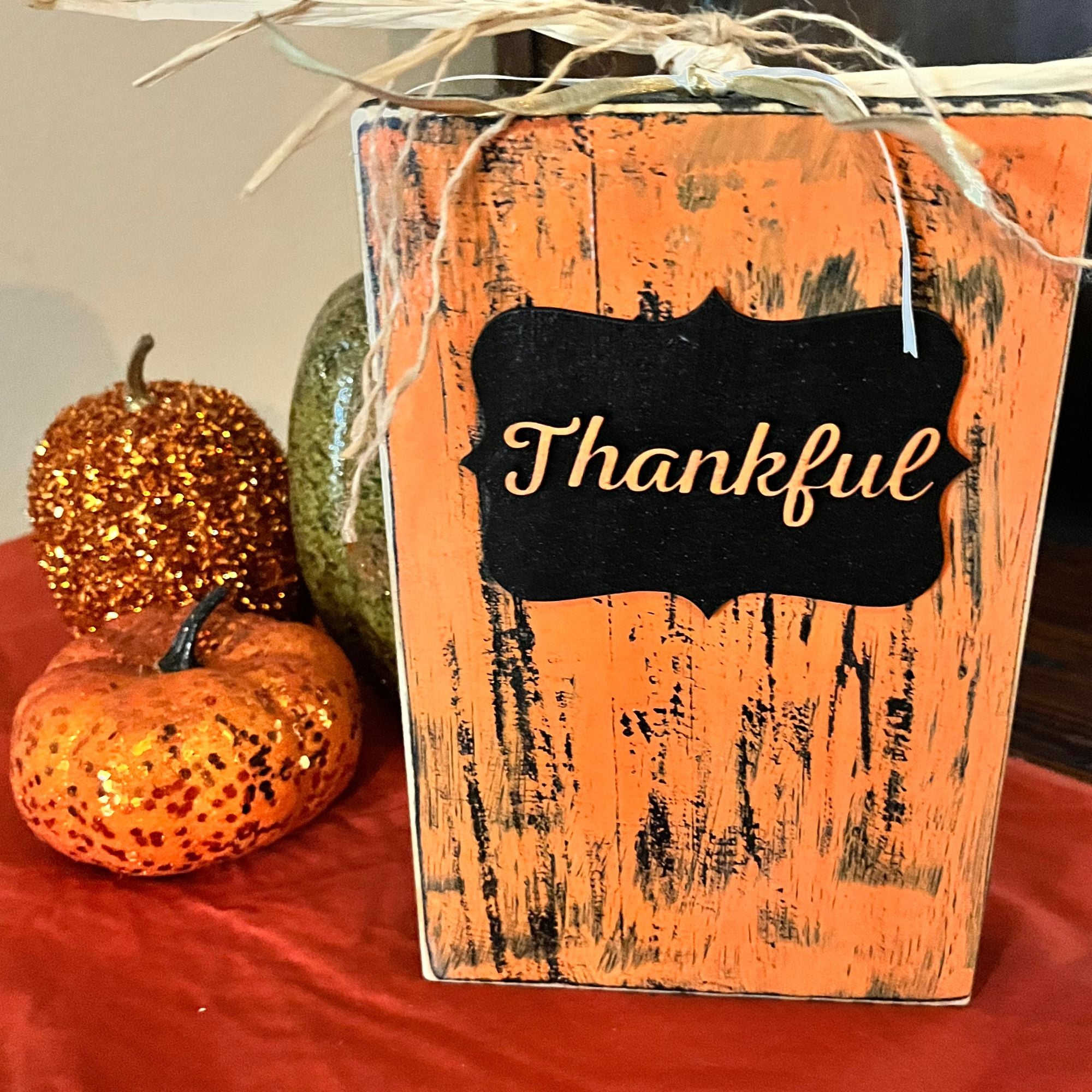 Thankful Fall Mantel Decor close up image. Perfect as a shelf sitter on a Fireplace Mantel for Fall and Thanksgiving.