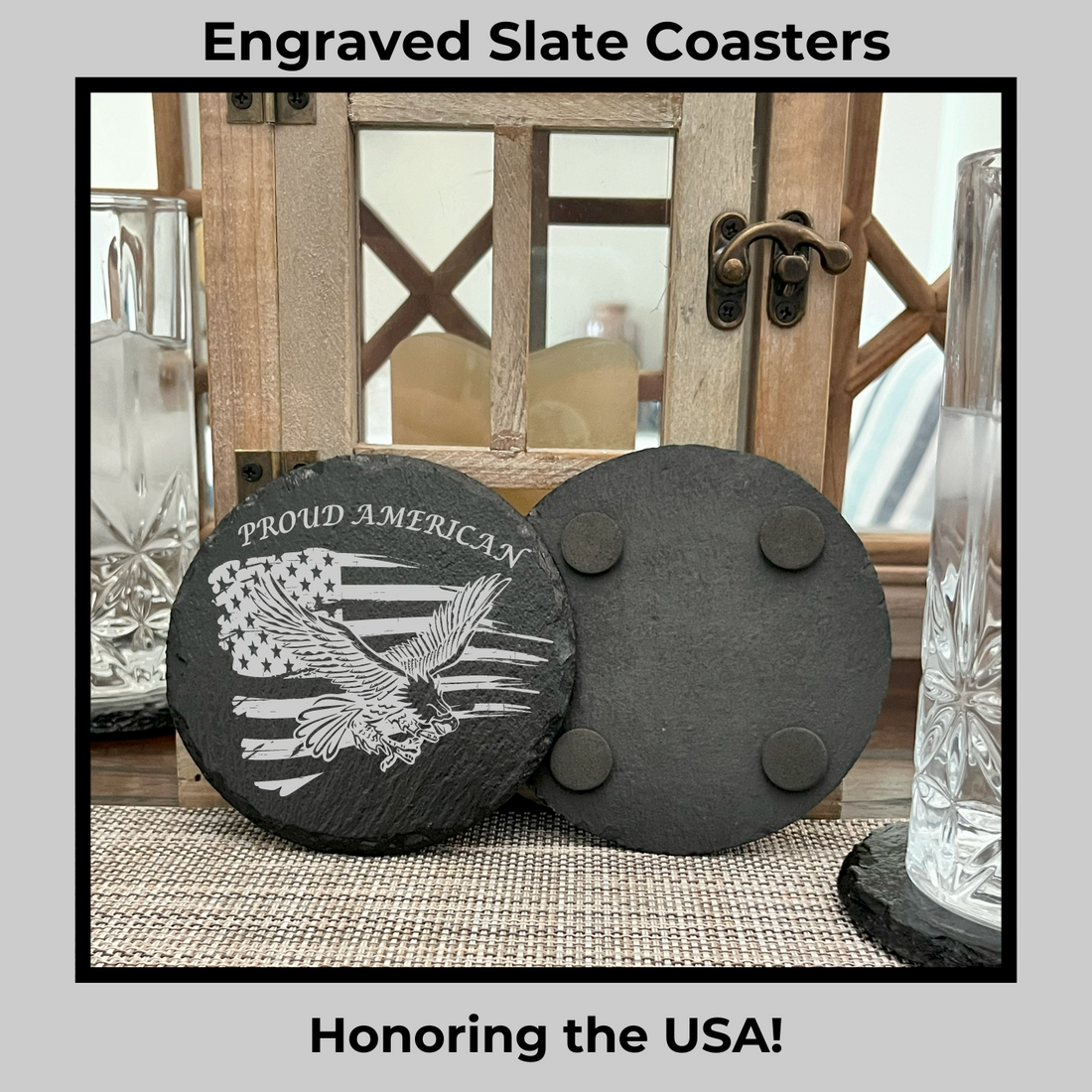 Coaster Stone 4x4 round with Engraved USA American Flag and Bald Eagle - Perfect gift for any proud American.