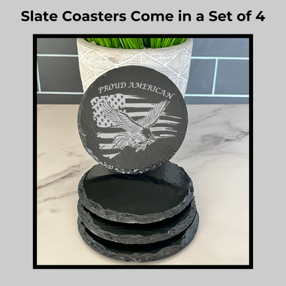 Coater Stone set of 4 - Engraved with the USA American Flag, Bald Eagle and Proud American text