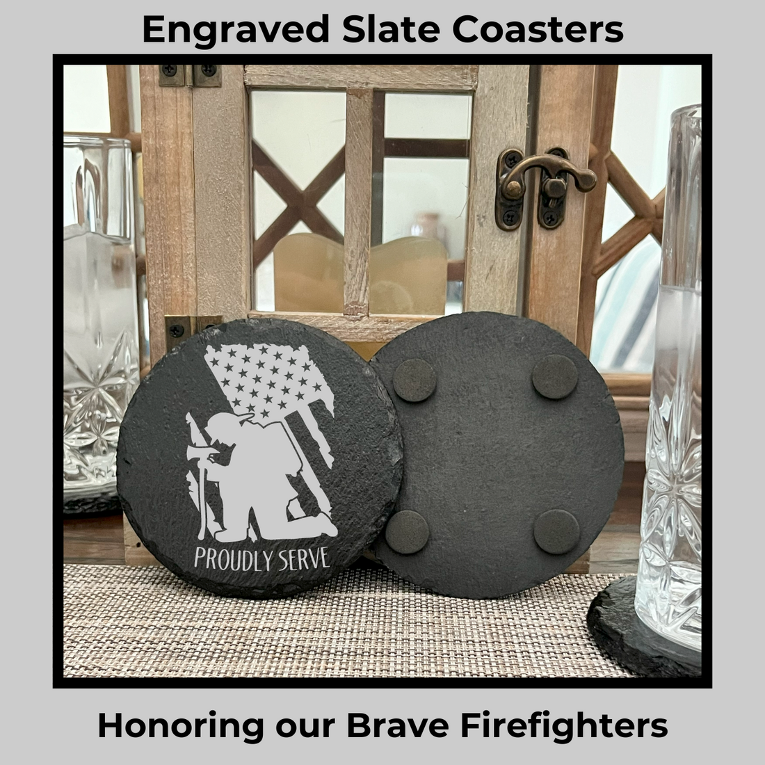 Stone Coasters Firefighter and American Flag Coaster.  Firefighter is kneeling with American Flag overhead. Image shows front and back of product. Slate Coasters are Laser Engraved.