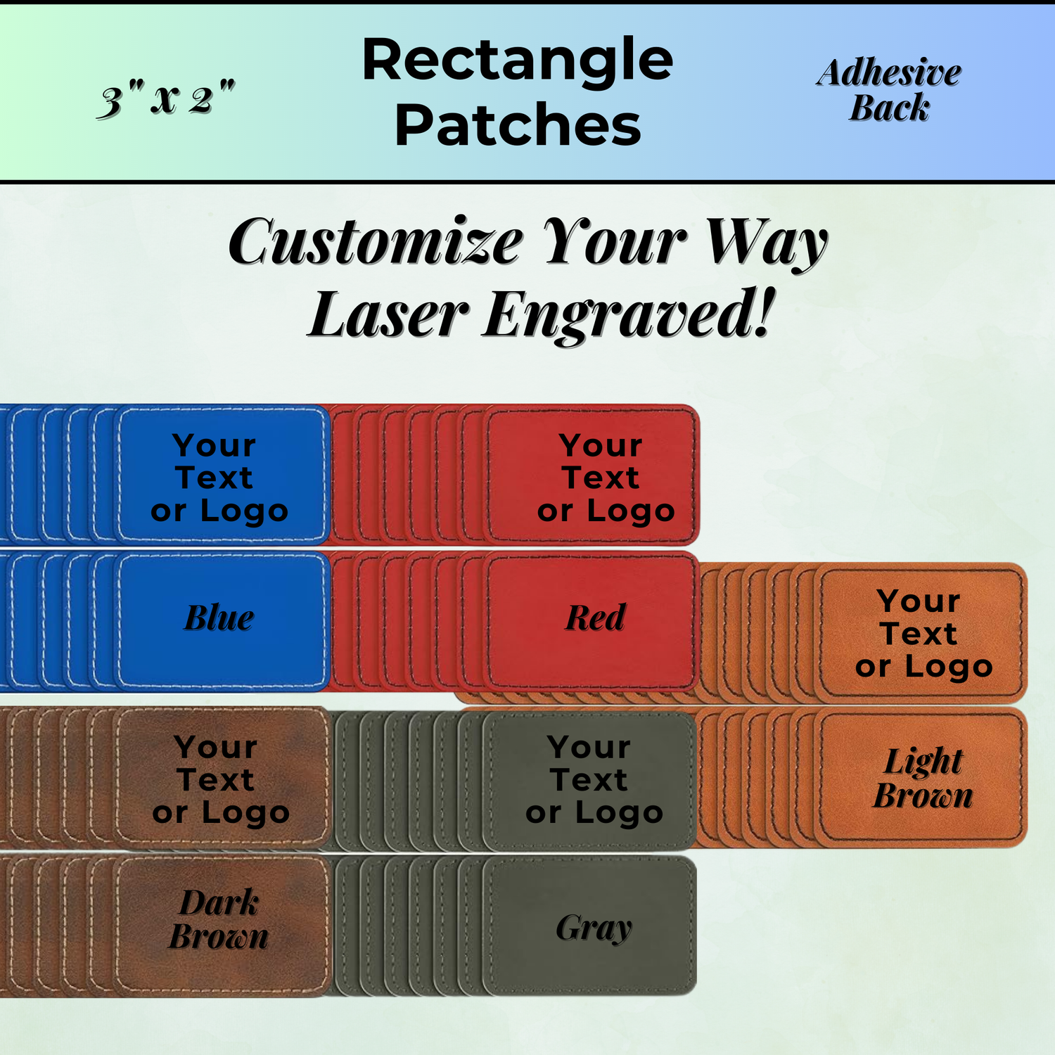 Custom Laser Engraved Iron-On Patches. Image of rectangle size offered in Blue, Red, Dark Brown, Gray and Light Brown. Size is 3&quot; x 2&quot;