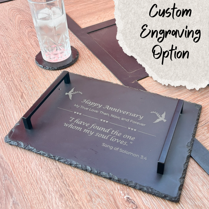 Custom Engraving option for the Slate Charcuterie Board. Comes with 2 solid black matte handles. 