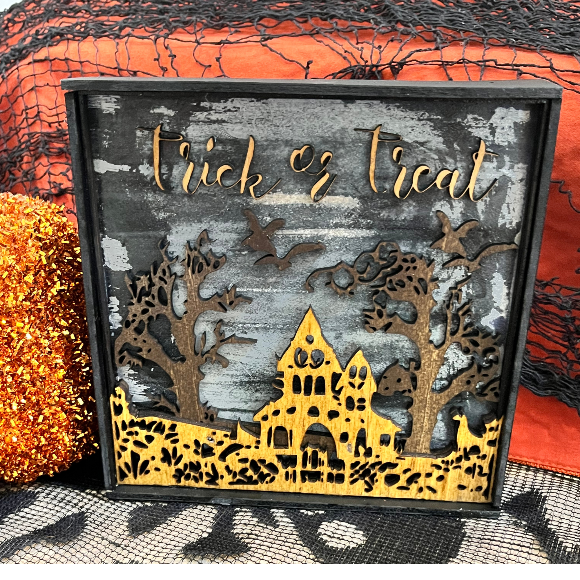 Spooky Halloween Decor with Halloween House and Bats Close Up Image