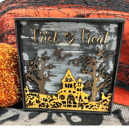 Spooky Halloween Decor with Halloween House and Bats Close Up Image