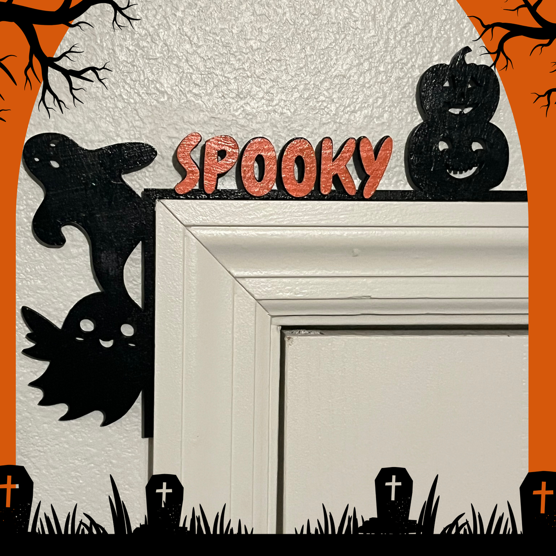 Halloween Decor Door Decoration featuring Spooky text and Ghost and Pumpkin designs.