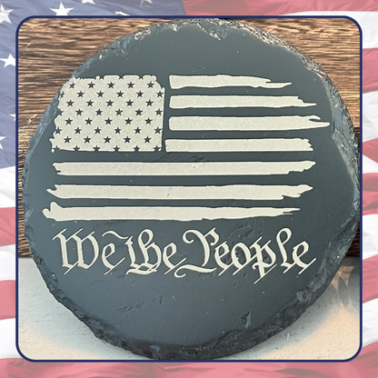 Slate Coaster Constitution American Flag Decoration - Close up image of product and engraving.