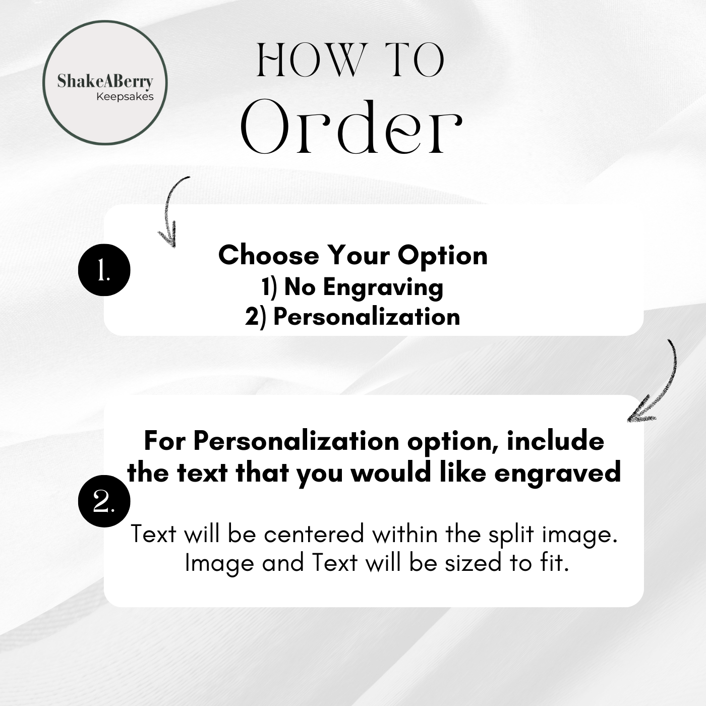 How to order image that allows for No Engraving or Personalization.  If choosing the personalization option, the text that will be centered within the split Mr and Mrs image will be required and will be sized to fit.