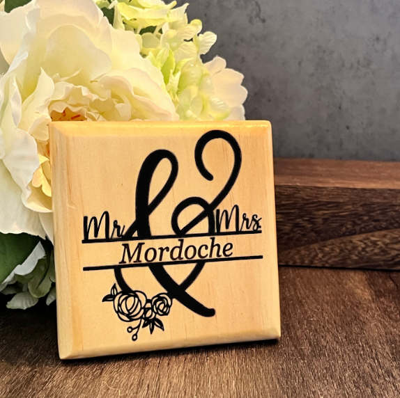 Product image of Drink Coaster Wood - Best wedding Gift that is laser engraved with a split Mr and Mrs image that allows for personalized text.