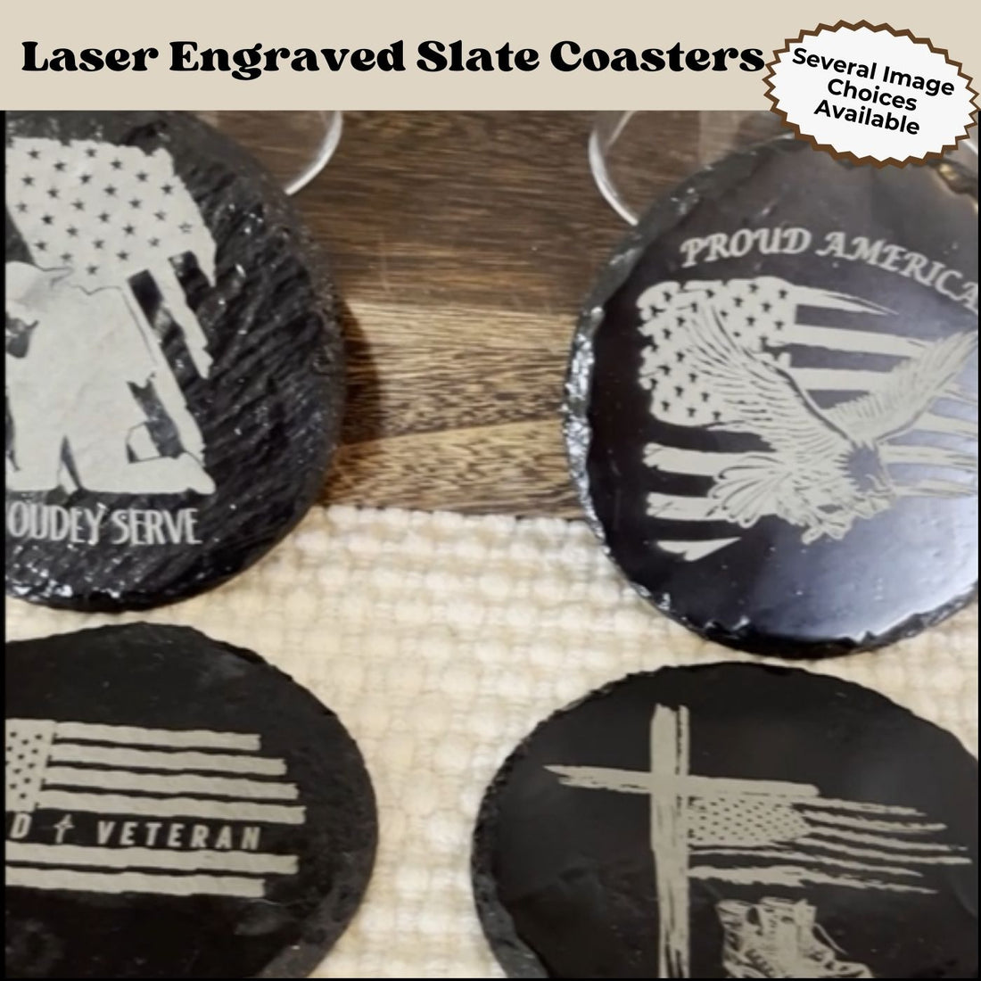 Black Slate Coasters Set | Round Slate Laser Engraved Coaster | Laser Etched Coasters | American Flag Coasters | Custom Slate Coaster Option