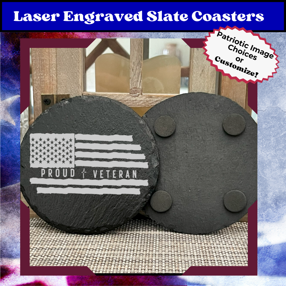 Stone Coasters with Military and Patriotic Standard Image Choices or Option to Customize Coasters