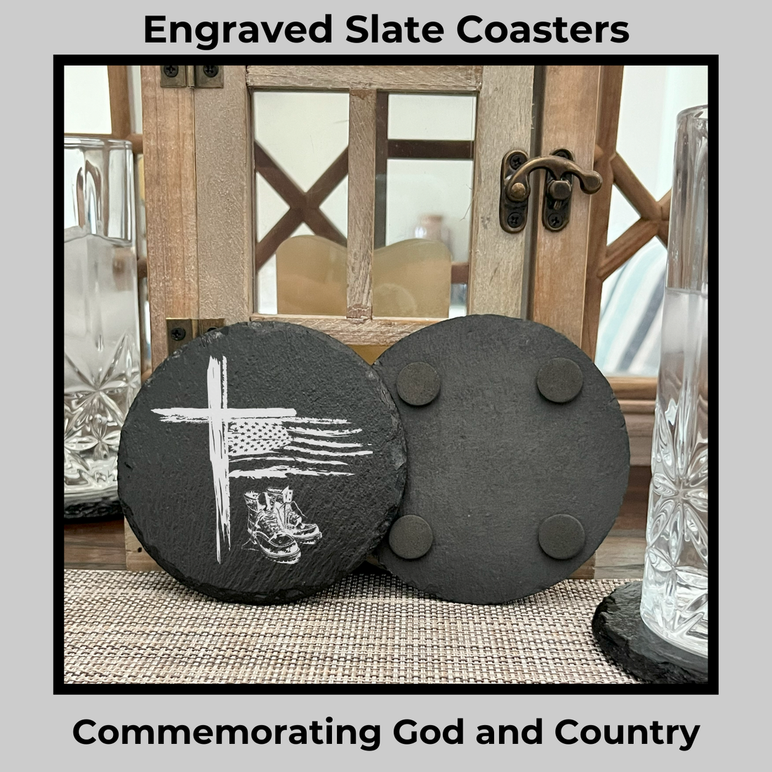 Black Coasters God and Country product photo with laser engraved Cross, USA American Flag and Military Boots.