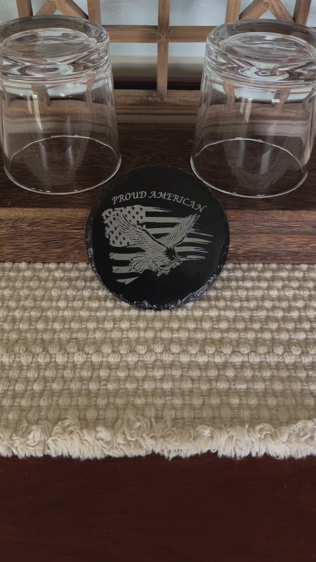 Product video of Coater Stone Engraved with the USA American Flag, Bald Eagle and Proud American text.